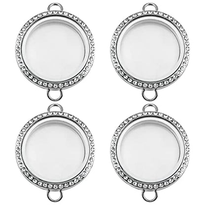 WANDIC Rhinestone Photo Charm, 4Pcs Round Shaped Double Buckle Crystal Photo Pendant Bridal Wedding Bouquet Charms Memory Lockets for 2 Pictures