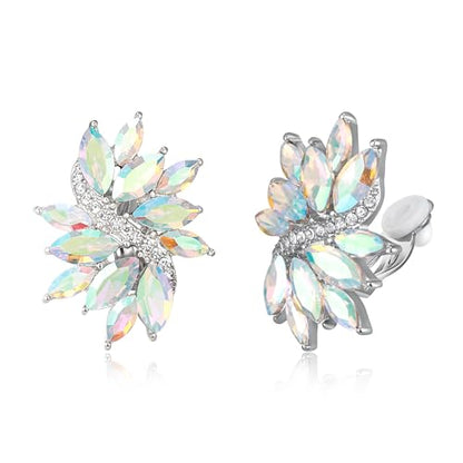EVER FAITH Sparkly Rhinestone Clip-on Earrings for Women Bride, Fashion Marquise Crystal Cluster Wedding Bridal Stud Earring for Prom Formal Party - color: Iridescent AB Silver-Tone