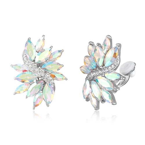 EVER FAITH Sparkly Rhinestone Clip-on Earrings for Women Bride, Fashion Marquise Crystal Cluster Wedding Bridal Stud Earring for Prom Formal Party - color: Iridescent AB Silver-Tone