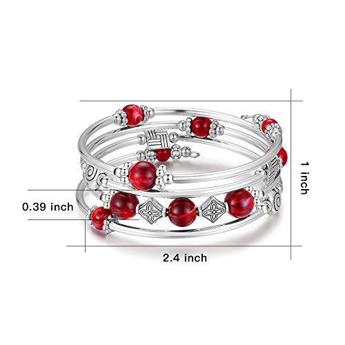Beaded Pearl Bangle Wrap Bracelet - Fashion Bohemian Jewelry Multilayer Charm Bracelet with Thick Silver Metal Beads, Gift For Women - color: Dark Red