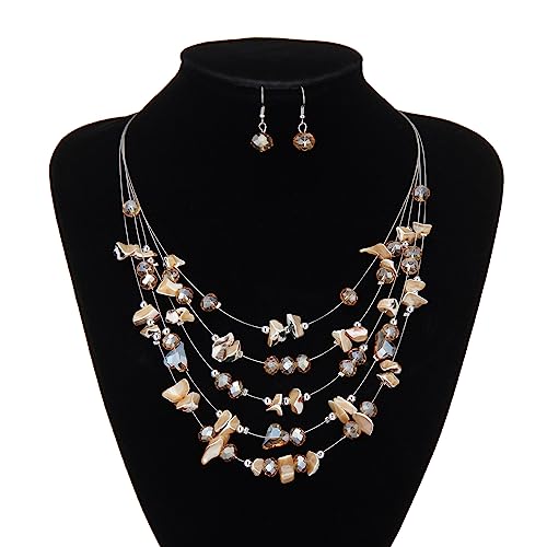 Multi-Layer Boho Shell Beaded Necklace for Women Colorful Crystal Strand with Silver Beads Statement Collars Necklace and Earrings Costumes Jewelry Sets for Women - color: 45-Champagne