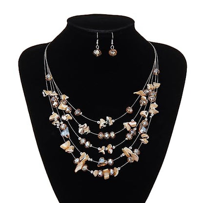Multi-Layer Boho Shell Beaded Necklace for Women Colorful Crystal Strand with Silver Beads Statement Collars Necklace and Earrings Costumes Jewelry Sets for Women - color: 45-Champagne