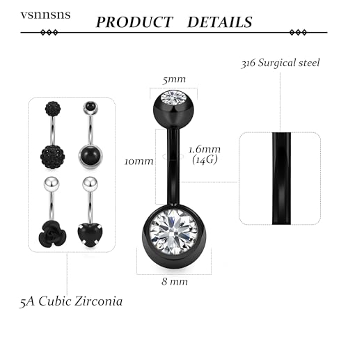 14G Dangle Belly Button Ring Piercing Jewelry 316L Stainless Surgical Steel Heart Flower CZ Reverse Navel Rings Dangling Belly Button Ring Piercing Jewelry for Women 14 Gauge Hypoallergenic - style: 15Pcs Black