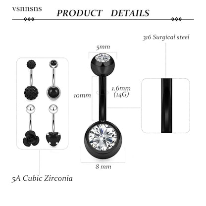14G Dangle Belly Button Ring Piercing Jewelry 316L Stainless Surgical Steel Heart Flower CZ Reverse Navel Rings Dangling Belly Button Ring Piercing Jewelry for Women 14 Gauge Hypoallergenic - style: 15Pcs Black