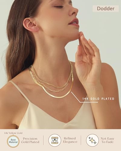 Gold Layered Necklaces for Women, 14K Gold Plated Dainty Gold Chain Choker Necklace Stack, Herringbone Gold Necklaces Set - color: gold-3-snake