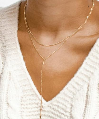 Lariat Gold Necklace for Women, Dainty Long Necklace 14k Gold Plated/Silver Y-Shaped Pendant Necklace Trendy Layered Cz Beaded Chain Drop Necklaces Simple Gold Jewelry for Women Gift - style: LC-2NK-22205-GDW