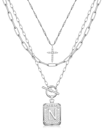MJartoria Layered Initial Necklaces for Women Trendy, 14K Gold Plated Brass Simple Dainty Cross Choker Square Letter Pendant Necklace, Paperclip Chain Necklaces Jewelry - color: Silvery, style: N