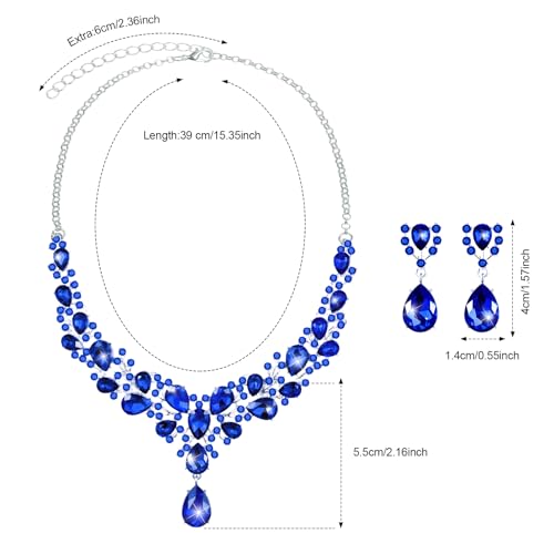Hicarer Bridal Teardrop Cluster Crystal Jewelry Set for Women Necklace Earrings Wedding - color: Royal Blue