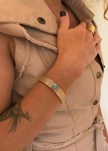 PERNNLA PEARL Dainty Gold Bar Bracelet for Women Simple Delicate Thin Cuff Bangle Hook Bracelet 18K Gold Plated Handmade Minimalist Jewelry - color: Synthetic Turquoise