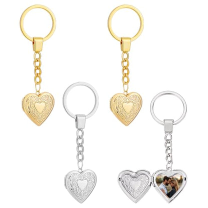 PLIGREAT 4 Pack Photo Locket Keychain, Vintage Heart Locket Keychains with Carved Flower Silver Gold Photo Lockets Key Chains that Holds Pictures Photo Lockets Pendants for Women DIY Craft