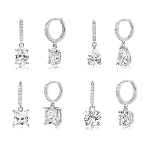 2-4 Pairs Dangle Drop Earrings for Women, 18K Gold Plated Cubic Zirconia Drop Dangle Huggie Hoop Earrings CZ Teardrop Hypoallergenic Jewelry - color: CZ White Gold 2
