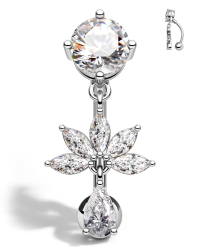 Flower Dangle Belly Button Ring, 14G Gold Reverse Belly Button Piercing for Women, Surgical Steel Silver Navel Piercing Jewelry Hypoallergenic - color: silver