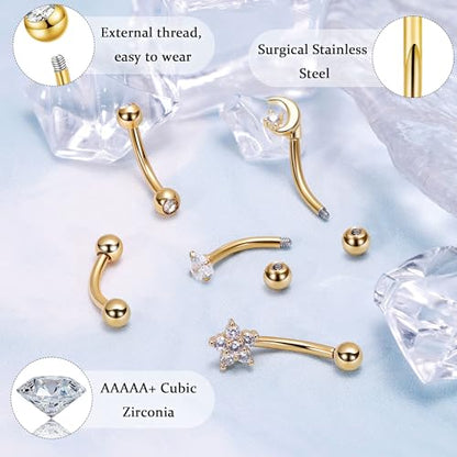 5Pcs 14G 316L Stainless Steel Small Belly Button Ring for Women Petite Navel Rings Tiny Hypoallergenic Belly Ring Cubic Zirconia Simple Belly Piercing Jewelry 6/8/10/12MM - color: Gold, size: G-10MM