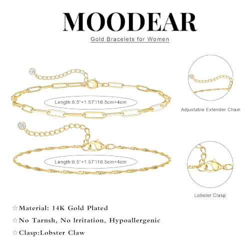 Moodear Gold Bracelets for Women, 2PCS Dainty 14K Gold Plated Link Chain | Waterproof Non Tarnish Jewelry, Adjustable Gold Plated Link & Bead Chain, Perfect for Daily Wear, Vacation Outfits & Gifts - color: gold-5