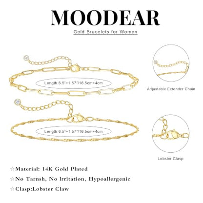 Moodear Gold Bracelets for Women, 2PCS Dainty 14K Gold Plated Link Chain | Waterproof Non Tarnish Jewelry, Adjustable Gold Plated Link & Bead Chain, Perfect for Daily Wear, Vacation Outfits & Gifts - color: gold-5