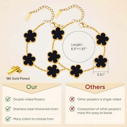 Women Gold Bracelets Jewelry Set - 3Pcs 18K Gold Plated Floral Bracelet,Stainless Steel Charm Bracelet Non-Tarnish,Adjustable Lucky Chain Trendy Gift,Christmas Valentines Birthday Gifts for Girlfriend - style: Black-2pcs