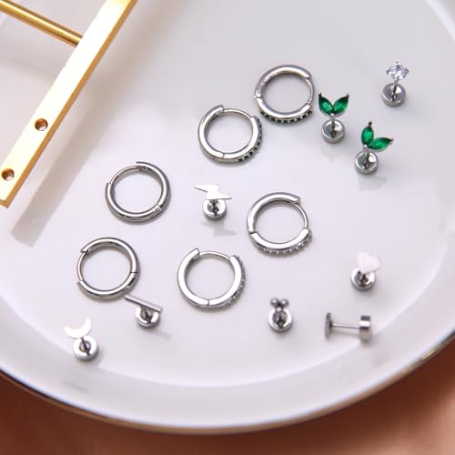 Stainless Steel Stud Earrings Set for Women Hypoallergenic Flat Back Cartilage Earrings Screw Back Huggie Hoop Earrings Multiple Piercing Cubic Zirconia Helix Tragus Jewelry - color: Set-D-Silver