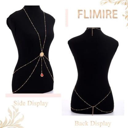 Gold Body Chain for Women Layered Rhinestone Waist Chains Summer Beaded Bra Body Jewelry Gifts - color: Red