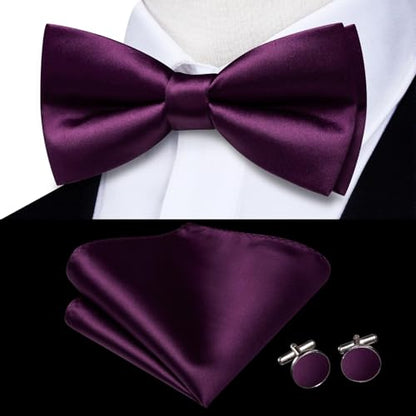 Hi-Tie 5Pcs Mens Solid Color Silk Tie Satin Pretied Bowtie Lapel Pin for Men Handkerchief Cufflink Wedding Gift Box - color: Dark Purple