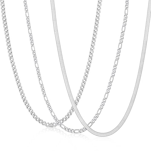 Zocomi 3 PCS Chain Necklace for Men Women, Stainless Steel Cuban Link/Figaro/Herringbone Chains Set Jewelry Gifts, 16/18/20/22/24 Inches - color: Silver, size: 18 inch (45cm)Average Length for Boys