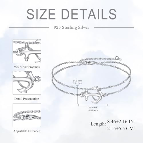 925 Sterling Silver Cat Butterfly Anklets Double Layered Chain for Birthday Women Ankle Bracelet Summer Beach Dainty Jewelry - style: Anchor Anklet