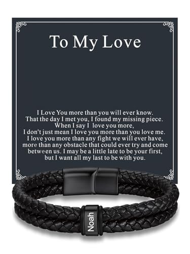 Custom4U Personalized Braided Leather Bracelet for Men with Name Engraved | 1-5 Name Engraving, Stainless Steel Bead, 7.5/8.3/9 Inch Black Leather, Gift Design for Men with Custom Keepsake Cards - color: 02-Black Color-To My Love, size: 1 Name