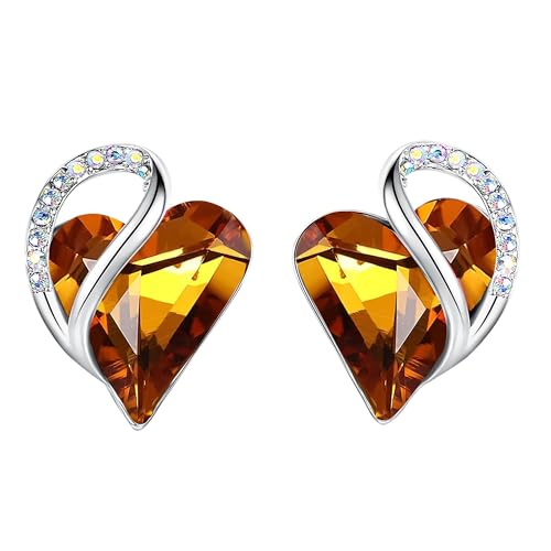 Infinity Love Heart Stud Earrings for Women, Birthstone and Healing Stone, Gifts for Mom, Wife, and Her, Silver Plated - color: 11a-November-Amber Brown