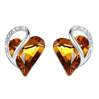 Infinity Love Heart Stud Earrings for Women, Birthstone and Healing Stone, Gifts for Mom, Wife, and Her, Silver Plated - color: 11a-November-Amber Brown