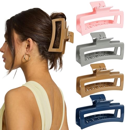 4 PCS 5 Inch Extra Large Claw Clips for Women, Jumbo Claw clips for Thick Long Curly Hair, Rectangle Matte Hair Claws Clips, Non-slip Square Hair Clips for Women - color: Blue&Pink