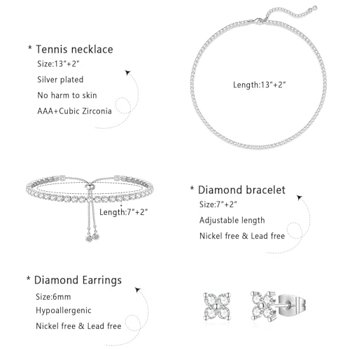 Luxval Tennis Necklace Set for Women Tennis Bracelets Diamond Earrings Sterling Silver Necklace Wedding Jewelry for Bride Silver Jewelry Sets for Women Gift - color: Silver-flower tennis set