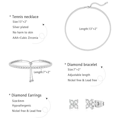 Luxval Tennis Necklace Set for Women Tennis Bracelets Diamond Earrings Sterling Silver Necklace Wedding Jewelry for Bride Silver Jewelry Sets for Women Gift - color: Silver-flower tennis set