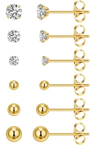 6 Pairs Extra Long Post Earrings Lightweight Small 316L Stainless Steel Stud Earrings for Women Hypoallergenic Cubic Zirconia Ball Ear Piercing Studs for Sensitive Ears - color: Gold