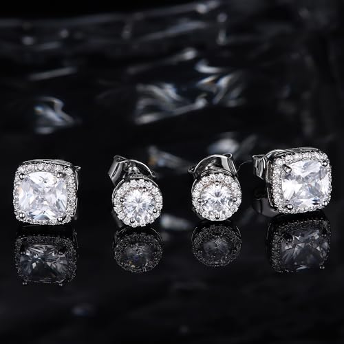 18K Gold Plated Halo Stud Earrings 925 Sterling Silver Cubic Zirconia Stud Earrings Round Square Diamonique Stud Earrings Set for Women Men - color: Silver1