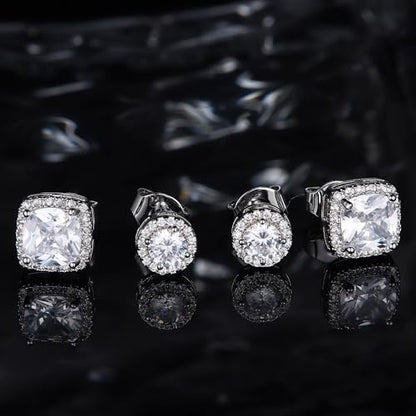 18K Gold Plated Halo Stud Earrings 925 Sterling Silver Cubic Zirconia Stud Earrings Round Square Diamonique Stud Earrings Set for Women Men - color: Silver1