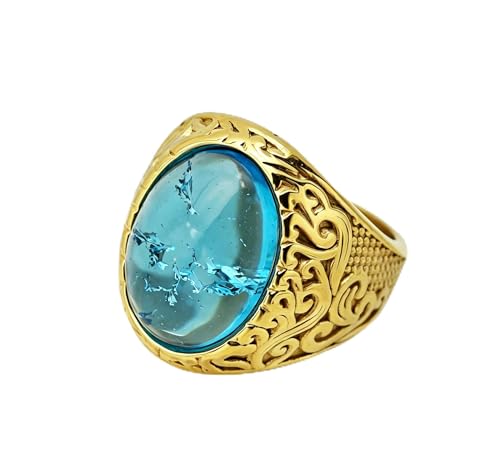 Stainless Steel Oval Gemstone Signet Ring with Vintage Scrollwork, Multi-Color Statement Jewelry for Men - color: Gold Blue, size: 10