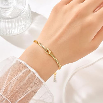 14K Gold Plated Dainty Stackable Bracelet Set, Heart Pearl Knot Beaded Chain Women Gift - color: Gold