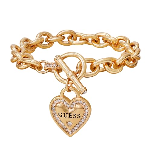 GUESS Goldtone Dangle Logo Heart Charm Chain Toggle Bracelet