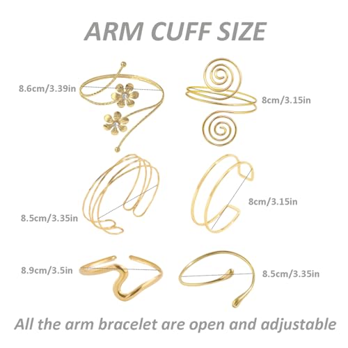 ItsStarred Minimalist Arm Cuff Gold Plated, Upper Arm Cuff Bangle Bracelet for Women, Adjustable Arm band Set 6 Pieces - color: A2: Gold Plated Flower