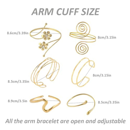 ItsStarred Minimalist Arm Cuff Gold Plated, Upper Arm Cuff Bangle Bracelet for Women, Adjustable Arm band Set 6 Pieces - color: A2: Gold Plated Flower