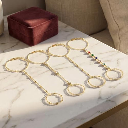 Hand Chain Bracelet Ring Set,4PCS 18K Gold Plated Stack Bracelets, Adjustable Trendy Dainty Ring Bracelet, Beach Theme, Women