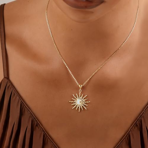 Dainty 14k Plated Gold Sun Necklace for Women, Trendy CZ Sunburst Pendant Necklace Non Tarnish Jewelry for Gifts - style: Shell