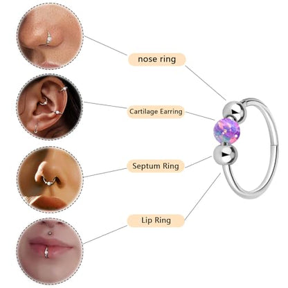 Thiswhyimbeauty 2PCS 18g Opal Nose Rings for Women Nose Hoops 8mm/10mm Hypoallergenic 316L Surgical Steel Nose Rings Piercing Jewelry Can Be Used as a Nose Ring, Septum Ring, and Cartilage Earring - color: A-Silver Purple opal