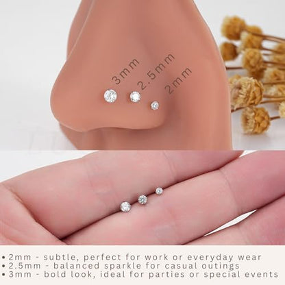 LUCKYJEWUS 3Pcs 925 Sterling Silver Nose Rings Studs Set, 18G/20G/22G L Shaped CZ Diamond Nose Studs for Women & Men, 2mm 2.5mm 3mm Hypoallergenic Nose Piercing Jewelry - size: 3pcs - 18G