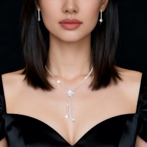 Women's Fashion Jewelry Rhinestone Zircon Necklace and Earring Set Formal Ball Gown Accessories Silver Floral Pendant Bridal Wedding Jewelry Suitable for Weddings, Balls, Banquets, and All Special Occasions - style: GST012