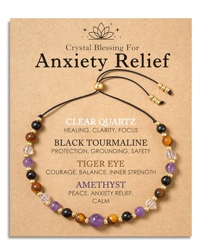HGDEER Calm in Every Bead, Amethyst Crystal Bracelet Stress Relief Gift | Black Tourmaline Amethyst Tiger Eye & Clear Quartz on Sturdy Cord, Slider Adjusts 5-10 in, Crystal Blessing Card & Pouch
