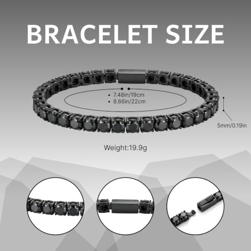 Tennis Bracelet for Men Women 5mm Cubic Zirconia Bracelet Gift | Hypoallergenic Stainless Steel Mens Bracelets, Black/Silver CZ Tennis Bracelet, Classic Bling Hip Hop Jewelry Gift 7.5/8.7in