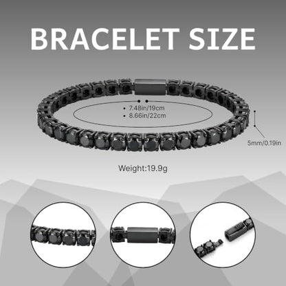 Tennis Bracelet for Men Women 5mm Cubic Zirconia Bracelet Gift | Hypoallergenic Stainless Steel Mens Bracelets, Black/Silver CZ Tennis Bracelet, Classic Bling Hip Hop Jewelry Gift 7.5/8.7in
