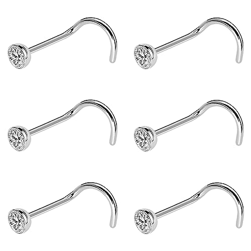 20G & 18G Nose Rings - Black, Silver & Gold Stainless Steel Studs & Screws - L Shaped & Bone Nose Rings Set - Clear CZ Nostril Piercing Jewelry - color: Silver: 3mm White CZ/ Nose Screw/ 18G/ 6Pcs