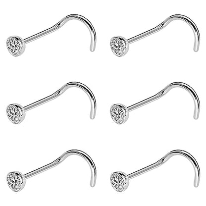 20G & 18G Nose Rings - Black, Silver & Gold Stainless Steel Studs & Screws - L Shaped & Bone Nose Rings Set - Clear CZ Nostril Piercing Jewelry - color: Silver: 3mm White CZ/ Nose Screw/ 18G/ 6Pcs