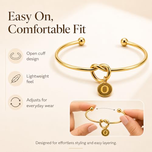 LemonRose Initial Bracelets for Women - Dainty Tie the Knot Letter A-Z 14K Gold Plated for Women Gold Cuff Bracelet for Womens Jewelry Personalized Bridesmaid Proposal Gifts - color: Gold O